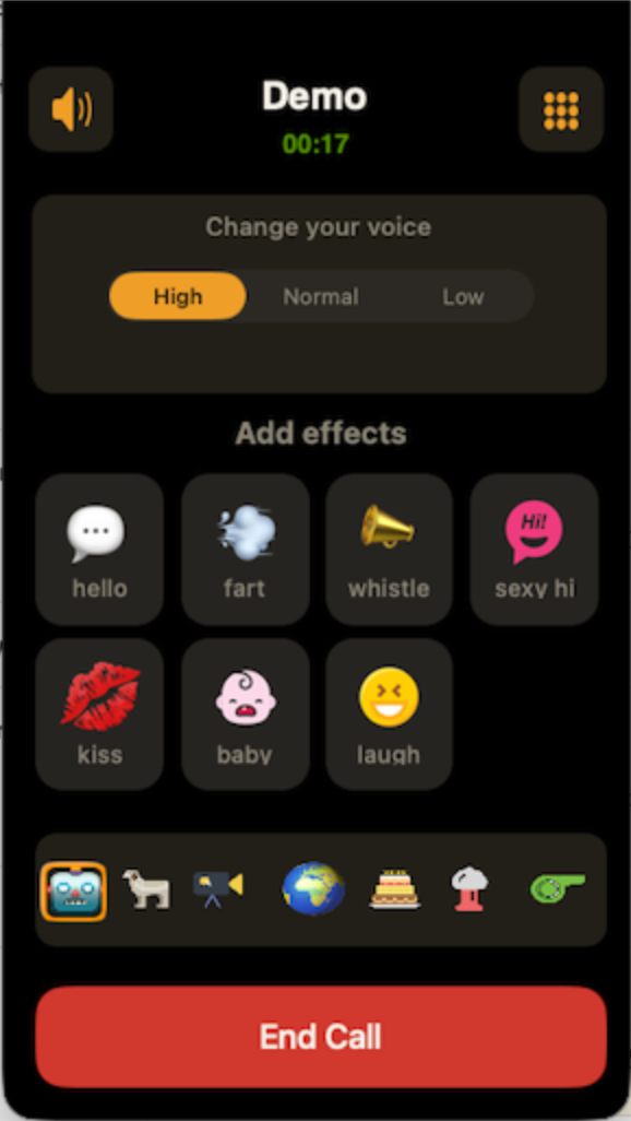 Phone Voice changer in-call screen with voice and effect controls